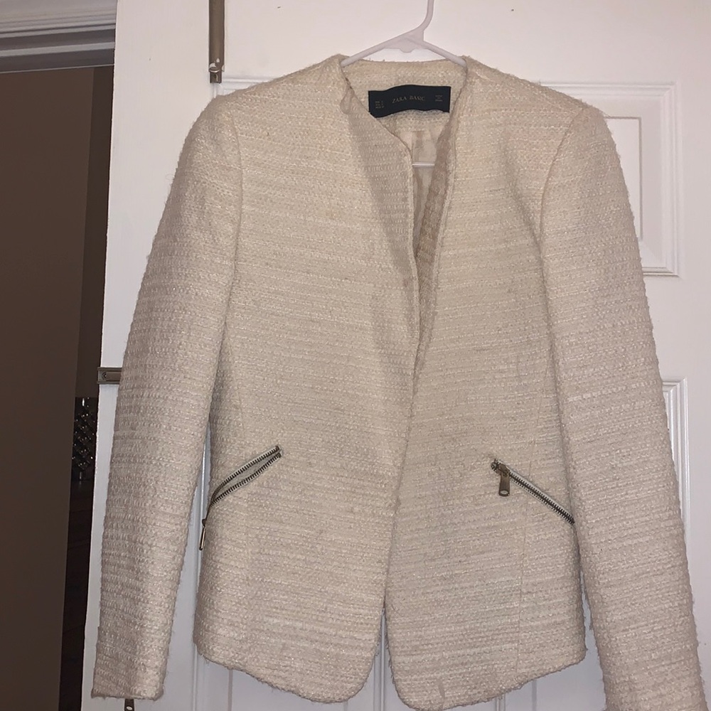 Zara tweed white cream blazer jacket, work style, size small
